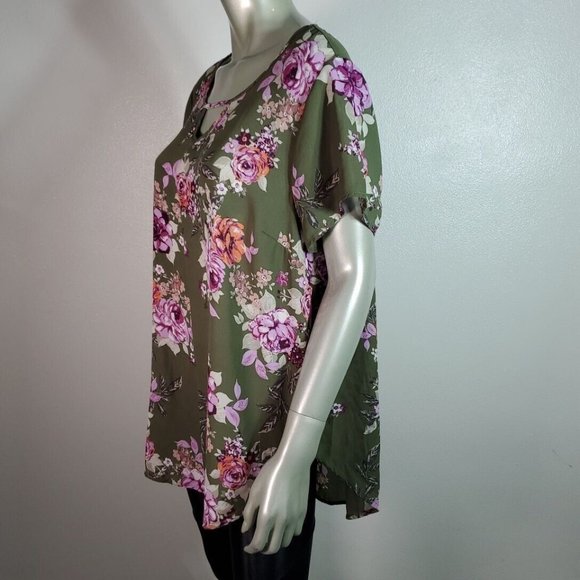 Torrid Top Plus Size 1X High Low Keyhole Floral Short Sleeve Pullover Green - Picture 3 of 6